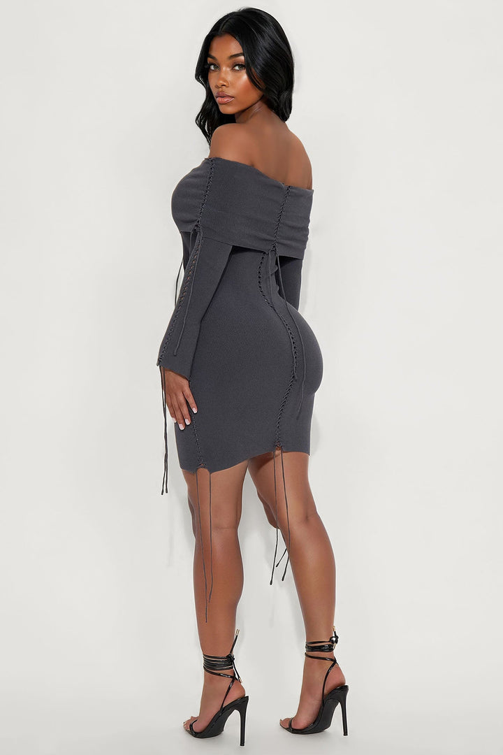 Addison Off Shoulder Sweater Mini Dress - Charcoal