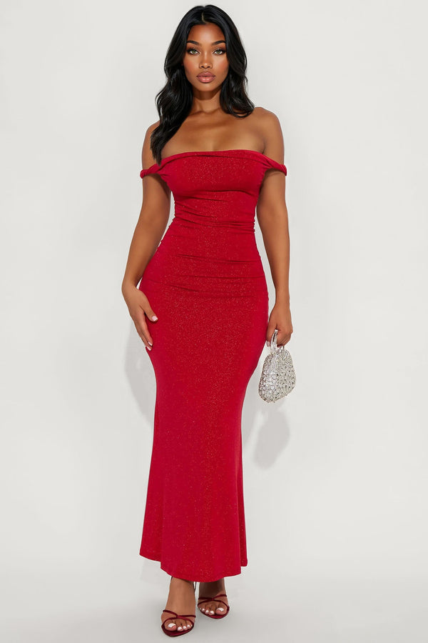 Valentina Glitter Midi Dress - DarkRed