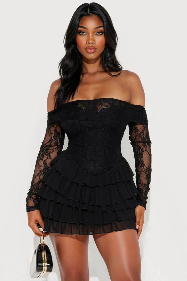 Elsie Ruffle Lace Mini Dress - Black