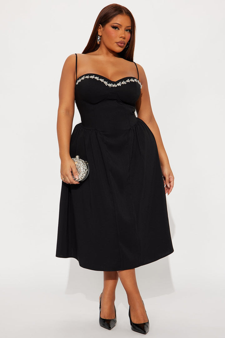 Abigail Rhinestone Midi Dress - Black