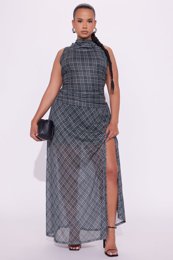 Hailie Plaid Mesh Maxi Dress - Green/combo