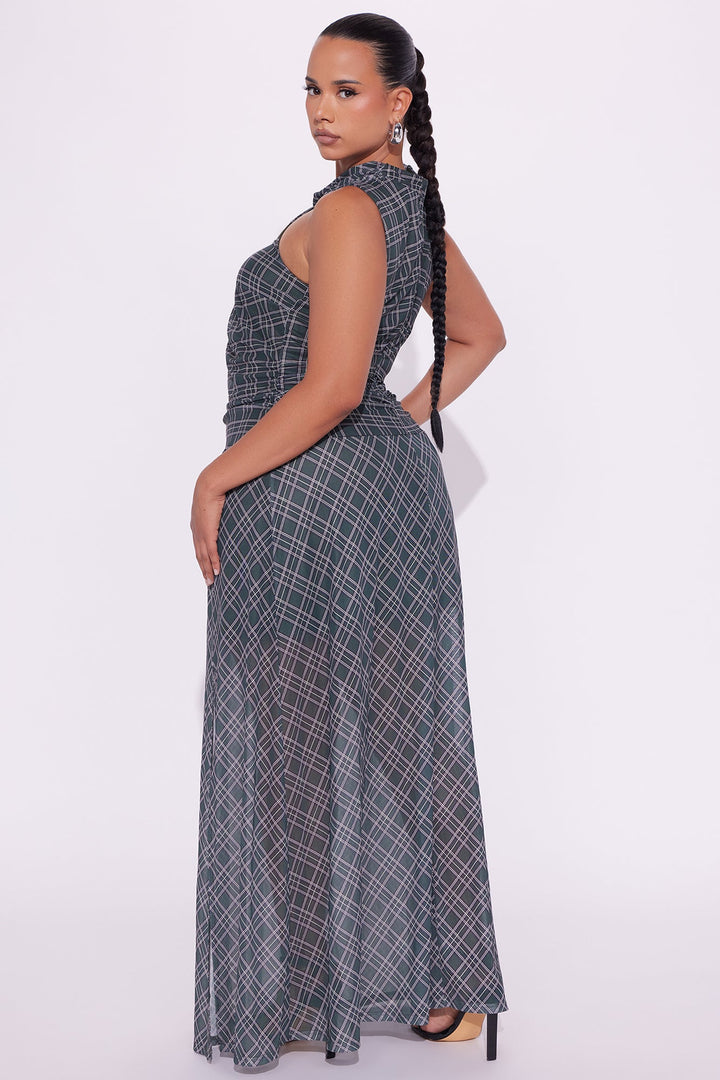 Hailie Plaid Mesh Maxi Dress - Green/combo
