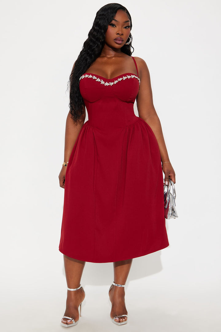 Abigail Rhinestone Midi Dress - Red