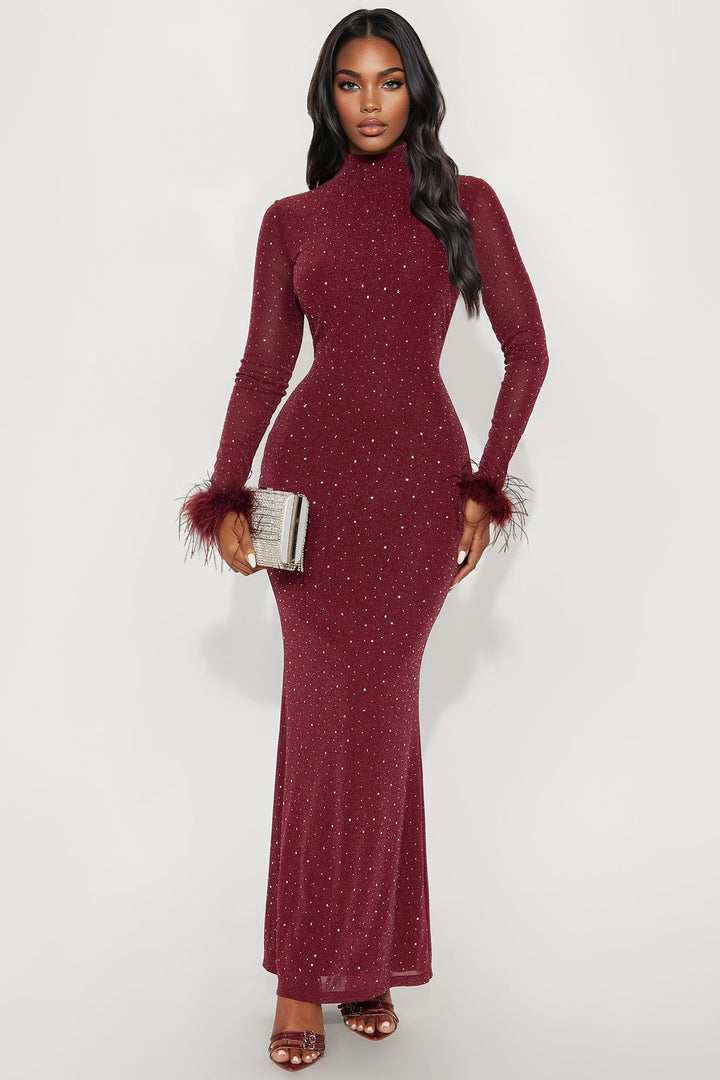 Tracy Embellished Feather Maxi Dress - Burgundy