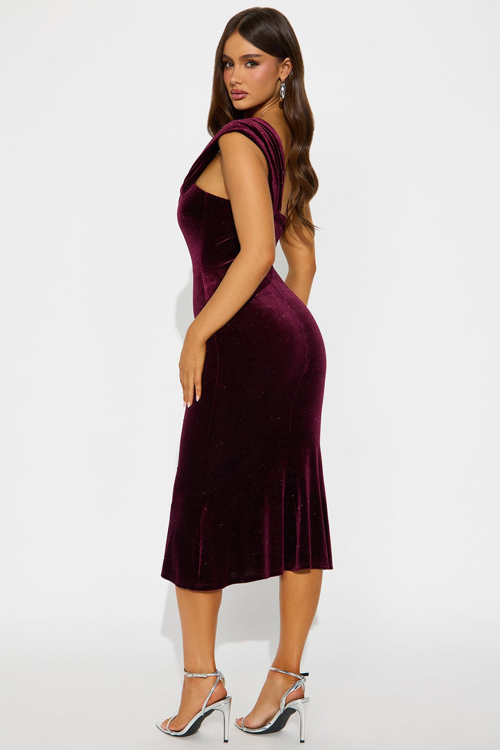 Gabriella Glitter Velvet Midi Dress - Burgundy