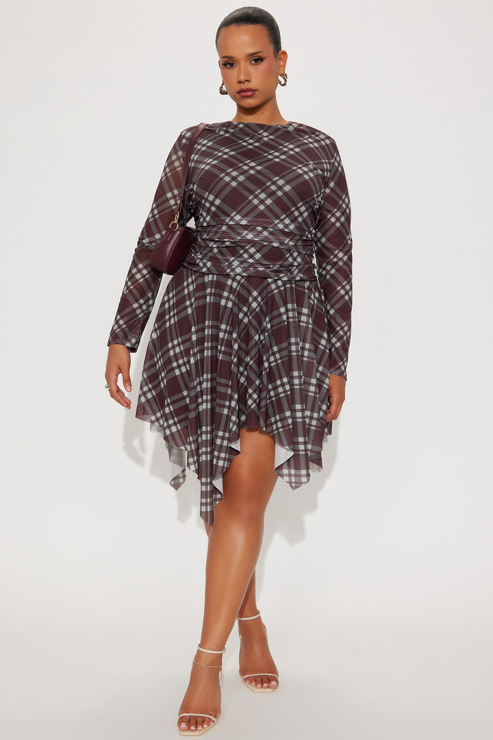 Hallie Asymmetrical Plaid Mini Dress - Brown/combo