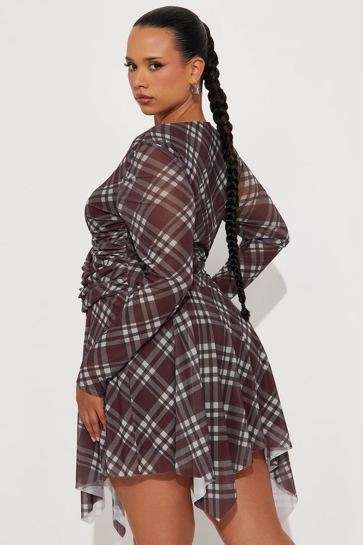 Hallie Asymmetrical Plaid Mini Dress - Brown/combo