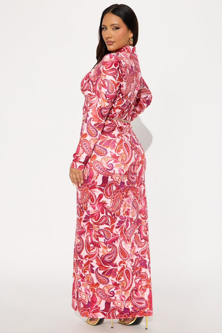 Alexius Chain Belted Maxi Shirt Dress - Pink/combo