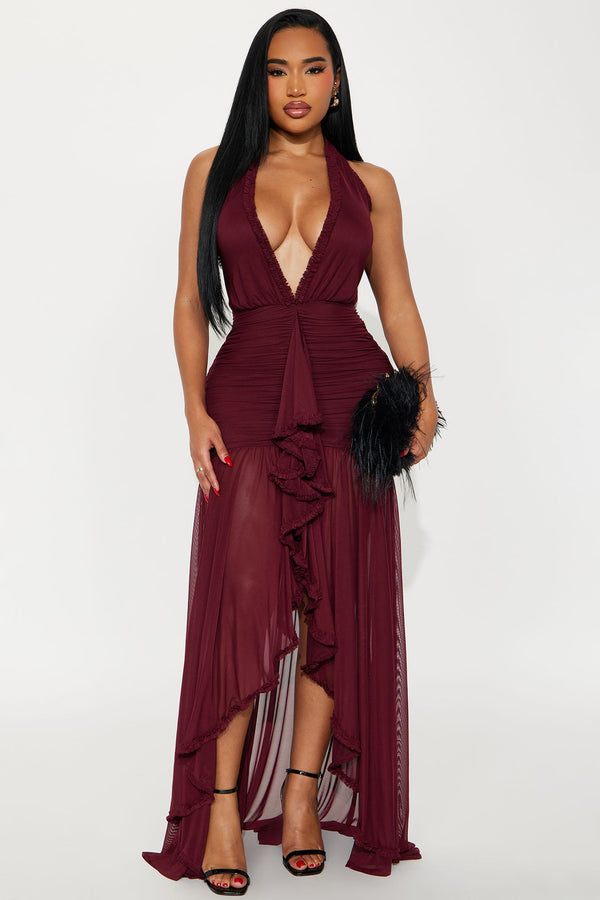 Alessandra Ruched Ruffle Gown - Burgundy
