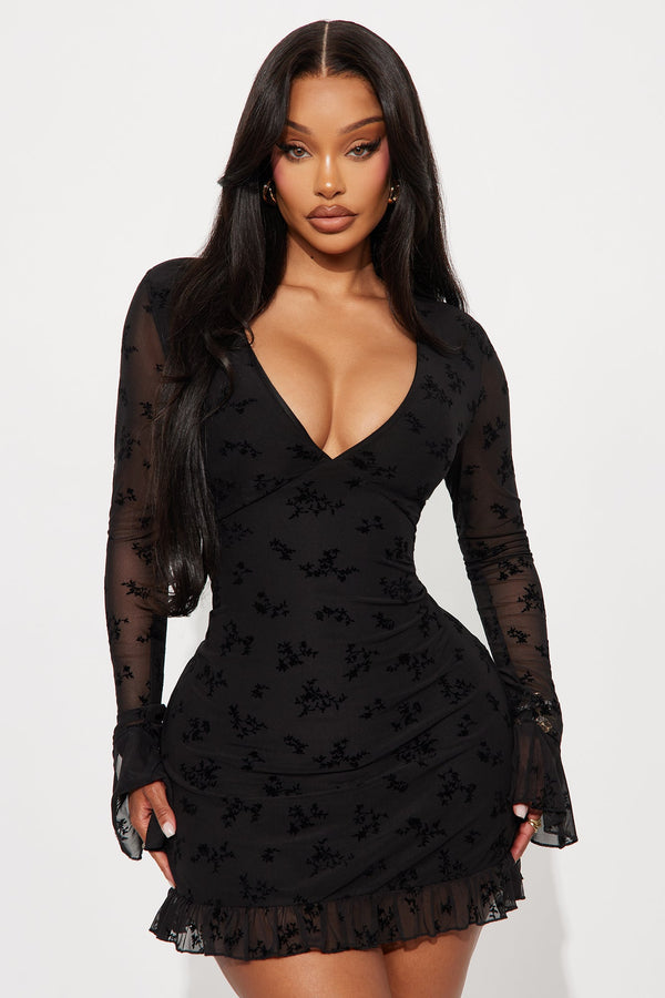 Juliet Flocked Long Sleeve Mini Dress - Black