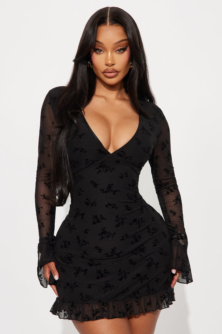 Juliet Flocked Long Sleeve Mini Dress - Black