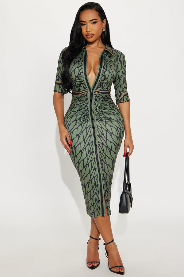 Skyla Collar Ruched Midi Dress - Olive/combo