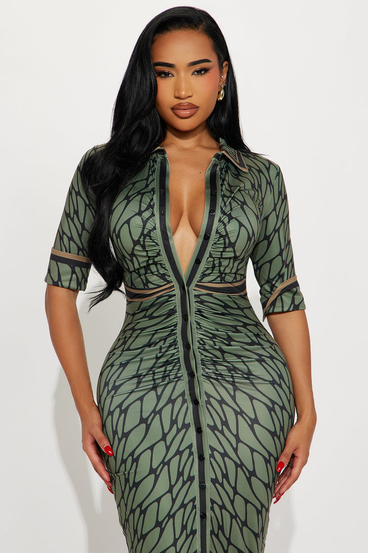 Skyla Collar Ruched Midi Dress - Olive/combo