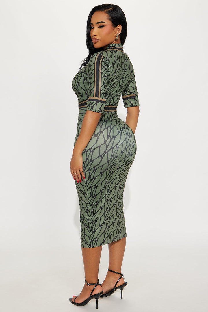 Skyla Collar Ruched Midi Dress - Olive/combo