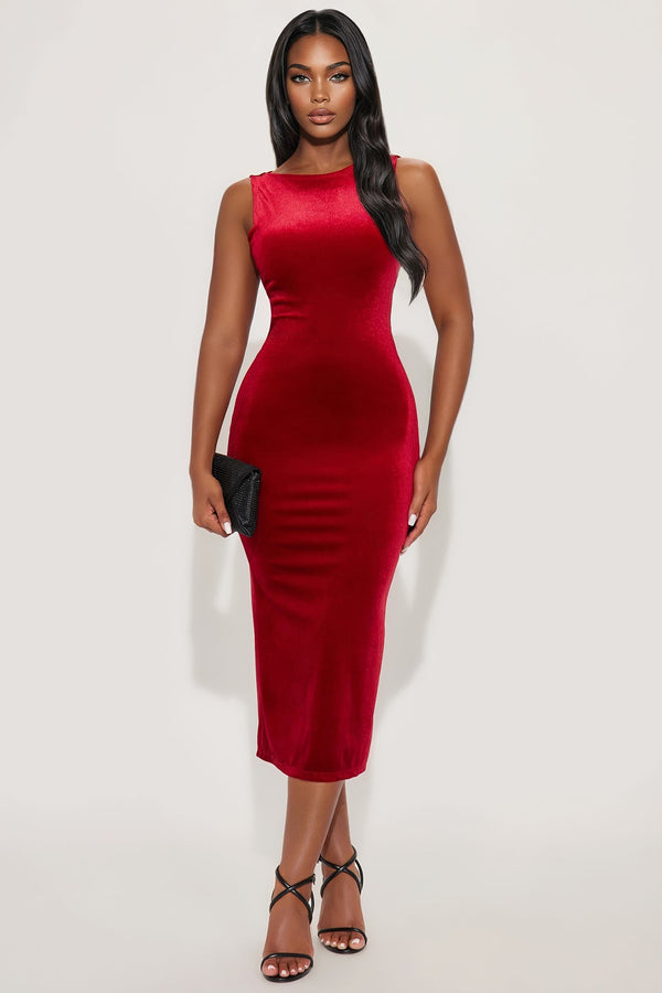 Veronica Velvet Open Back Midi Dress - Wine