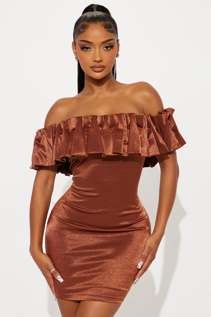 Alessia Off Shoulder Ruffle Mini Dress - Brown