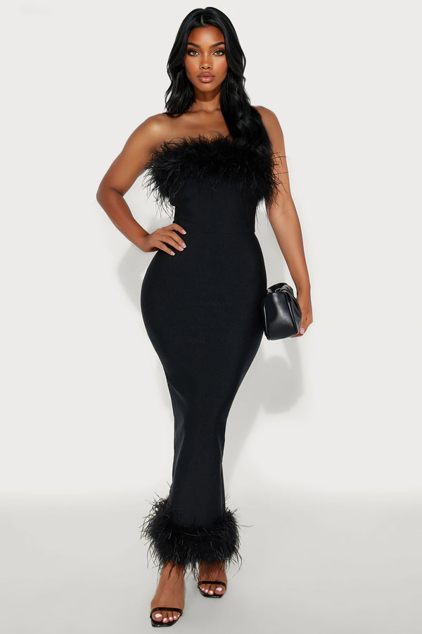 Wren Bandage Feather Maxi Dress - Black