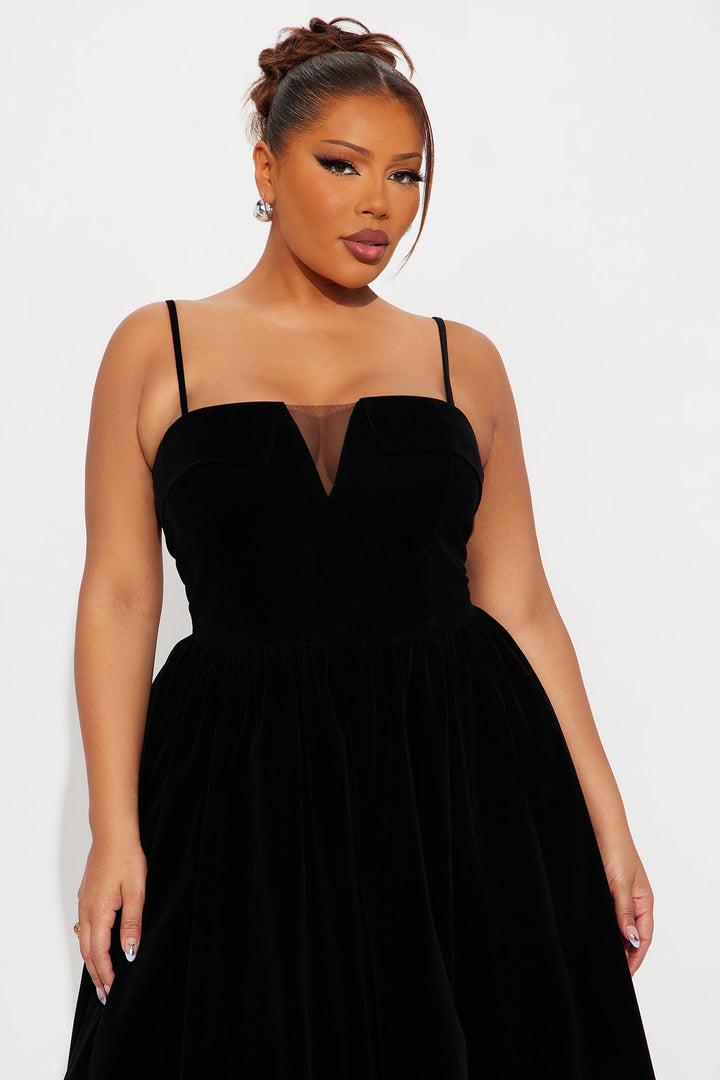 Viola Contrast Trim Velvet Midi Dress - Black