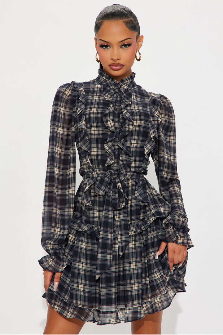Abbie Ruffle Plaid Chiffon Mini Dress - Black/combo