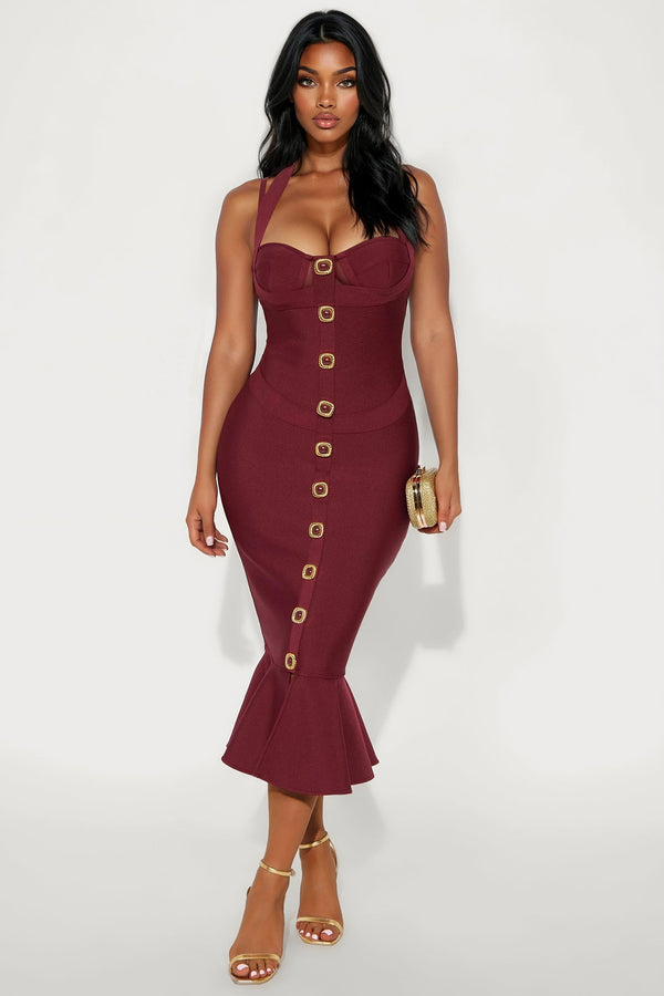 Ailani Mermaid Bandage Midi Dress - Red