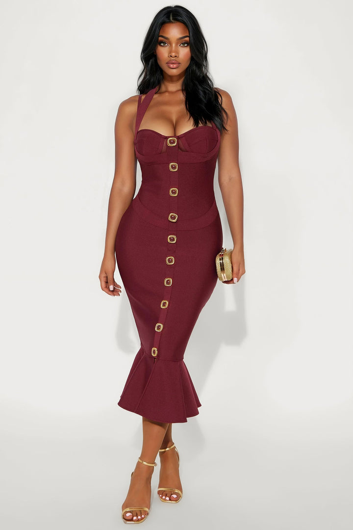 Ailani Mermaid Bandage Midi Dress - Red