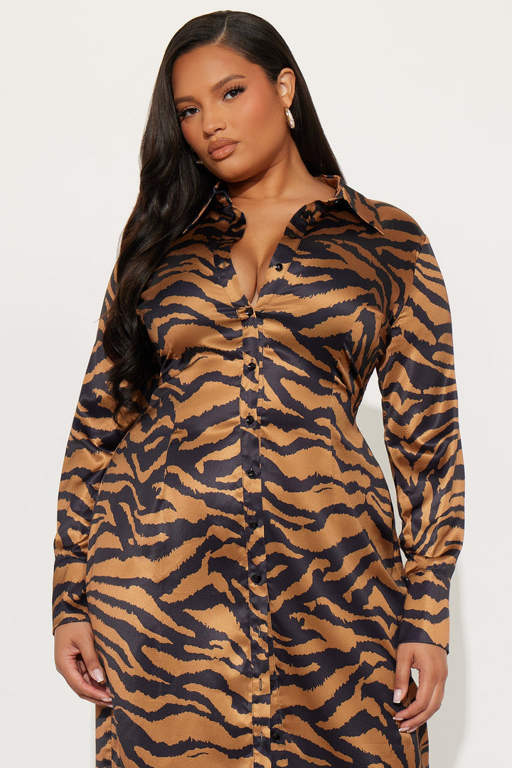 Jungle Girl Zebra Satin Midi Dress - Brown/combo