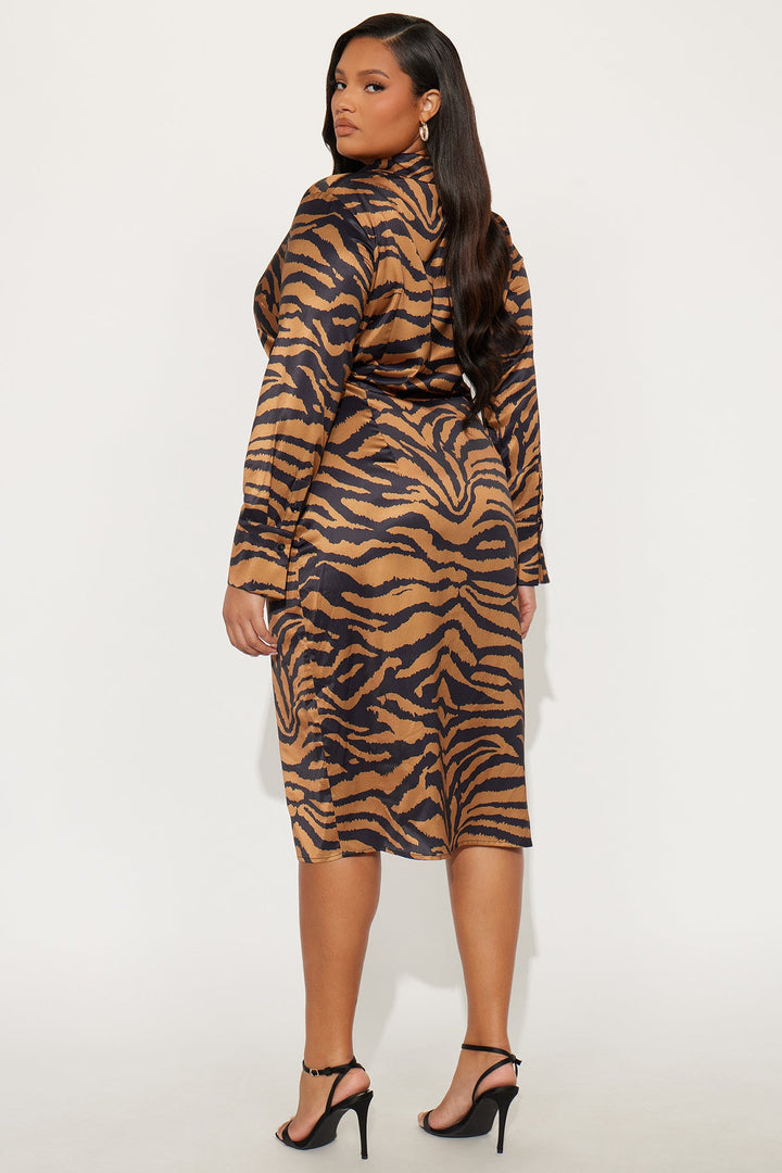 Jungle Girl Zebra Satin Midi Dress - Brown/combo