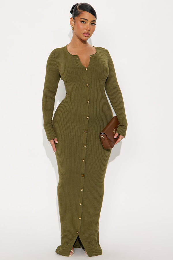 Madeline Button Up Sweater Maxi Dress - Olive