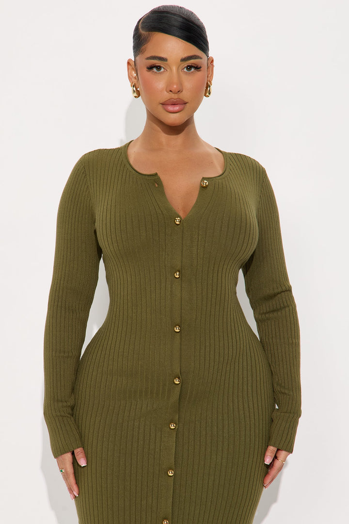 Madeline Button Up Sweater Maxi Dress - Olive