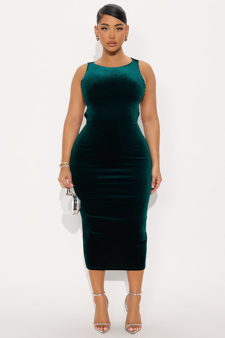 Veronica Velvet Open Back Midi Dress - Hunter Green
