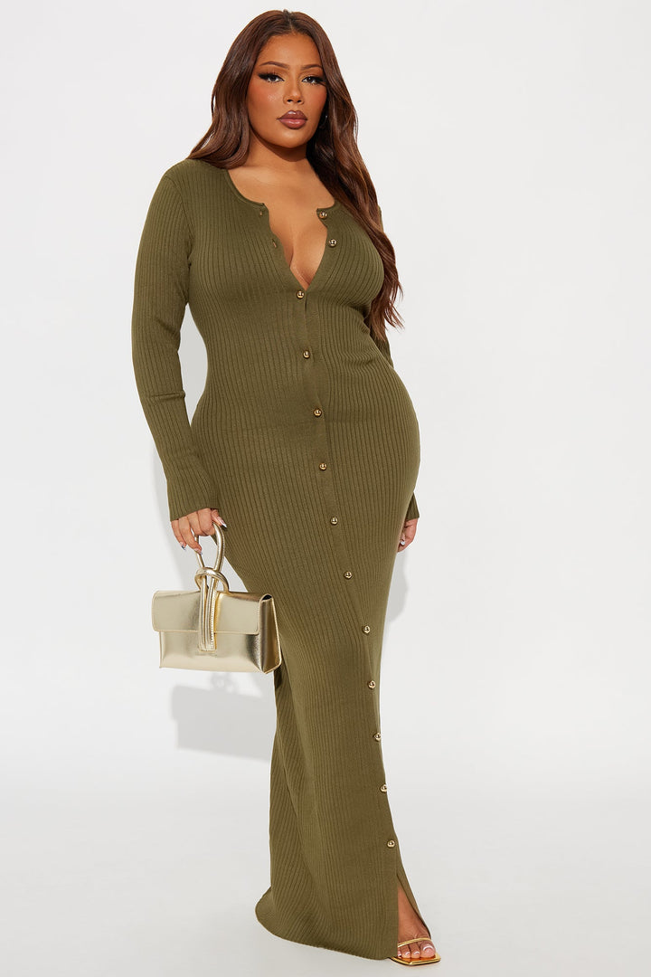 Madeline Button Up Sweater Maxi Dress - Olive