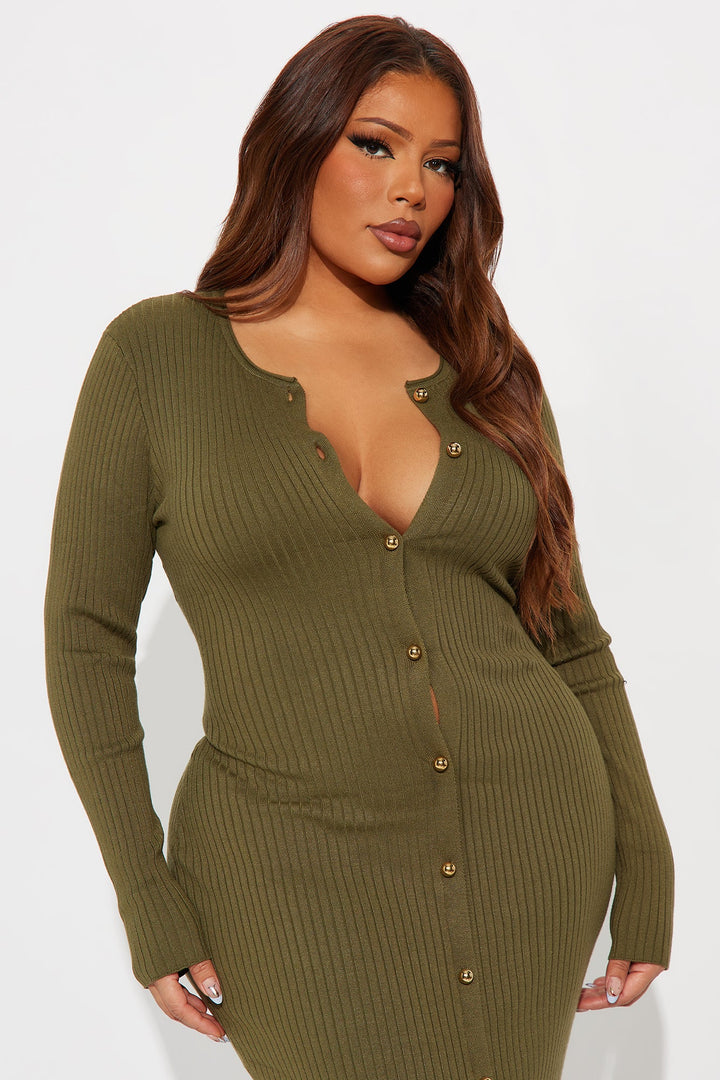 Madeline Button Up Sweater Maxi Dress - Olive