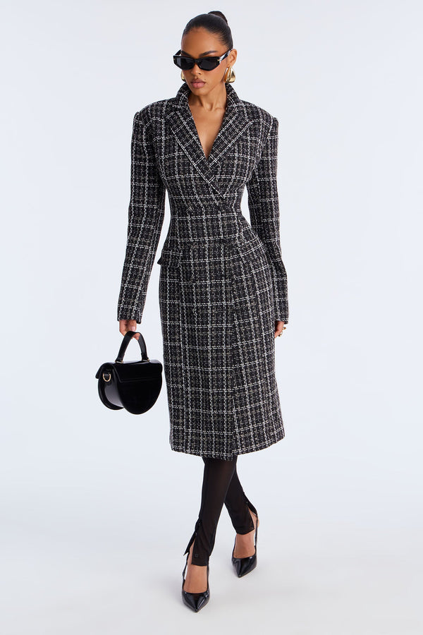 Trisha Button Up Tweed Midi Dress - Black