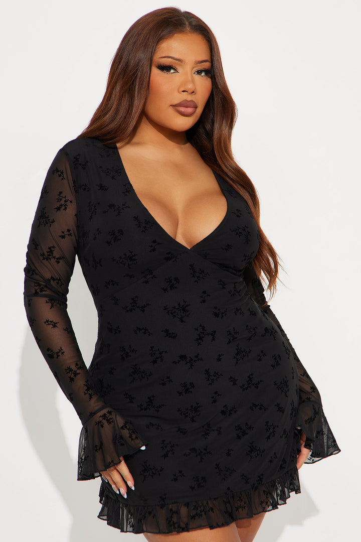 Juliet Flocked Long Sleeve Mini Dress - Black