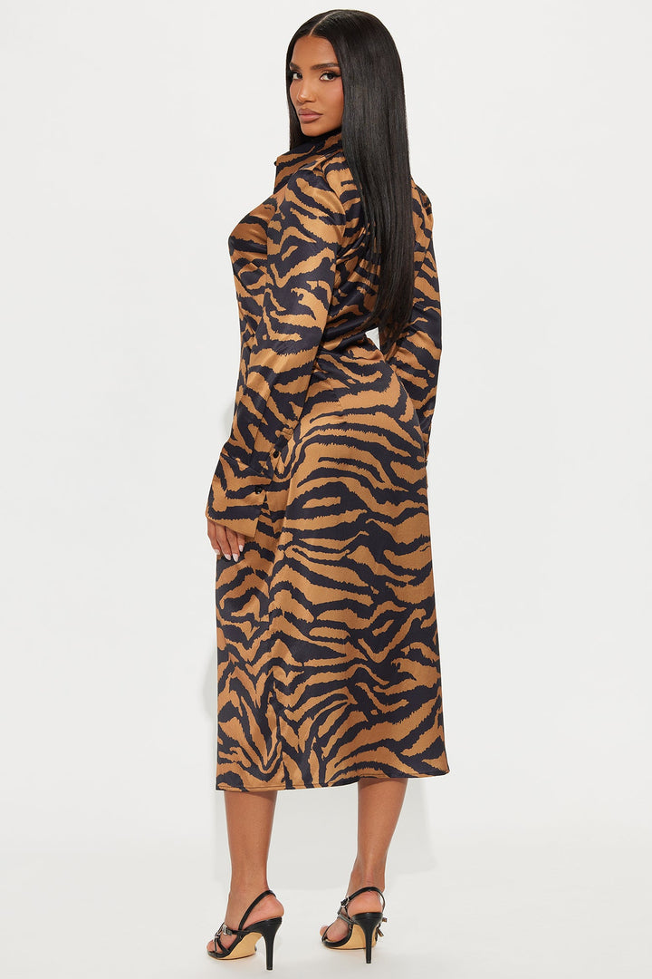 Jungle Girl Zebra Satin Midi Dress - Brown/combo