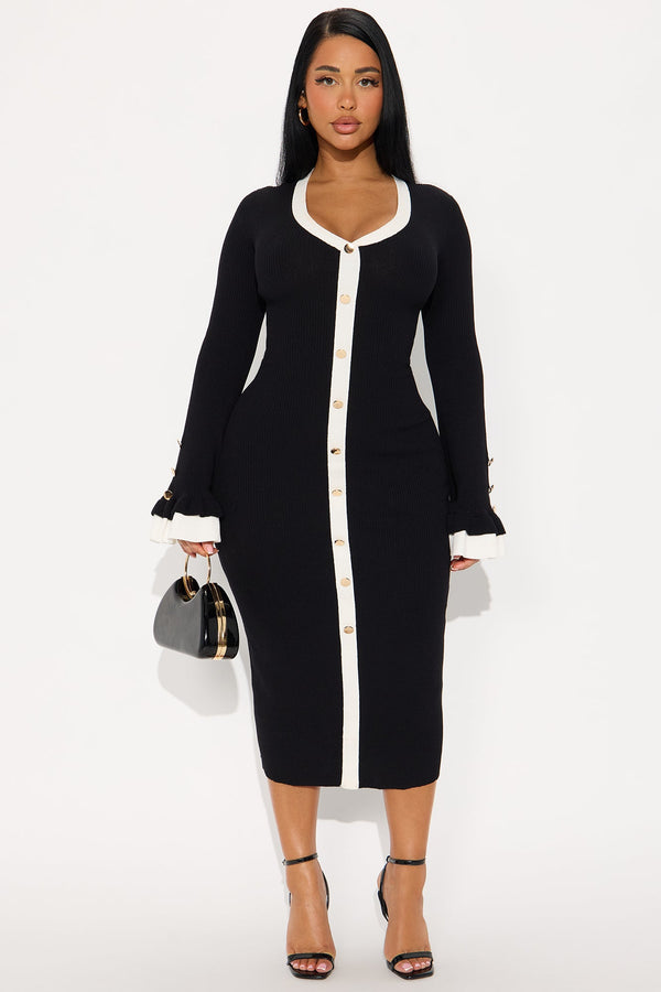 Rue Ruffle Sleeve Sweater Midi Dress - Black