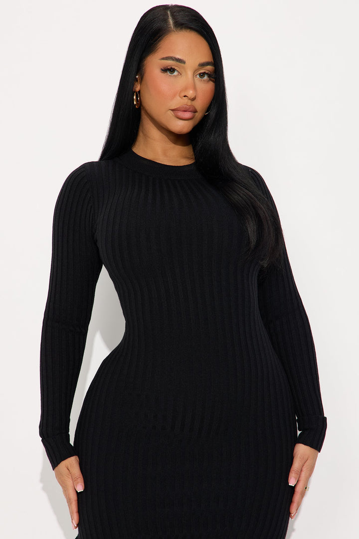 Rare Catch Long Sleeve Ribbed Midi Dress - Black