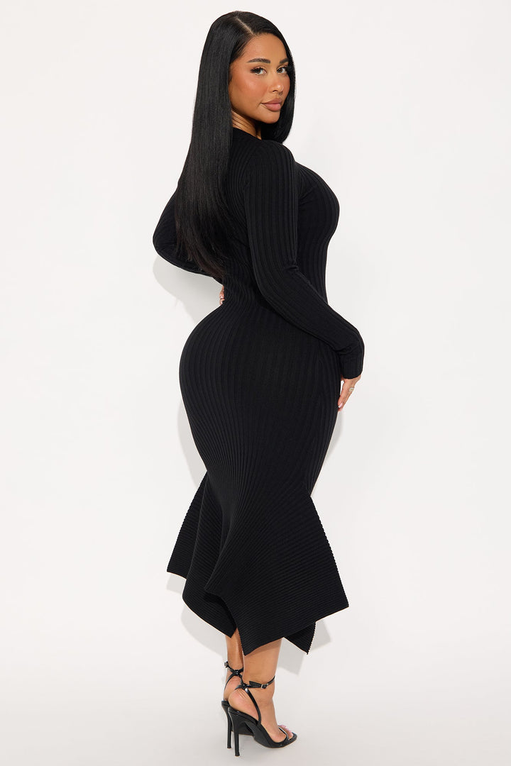 Rare Catch Long Sleeve Ribbed Midi Dress - Black