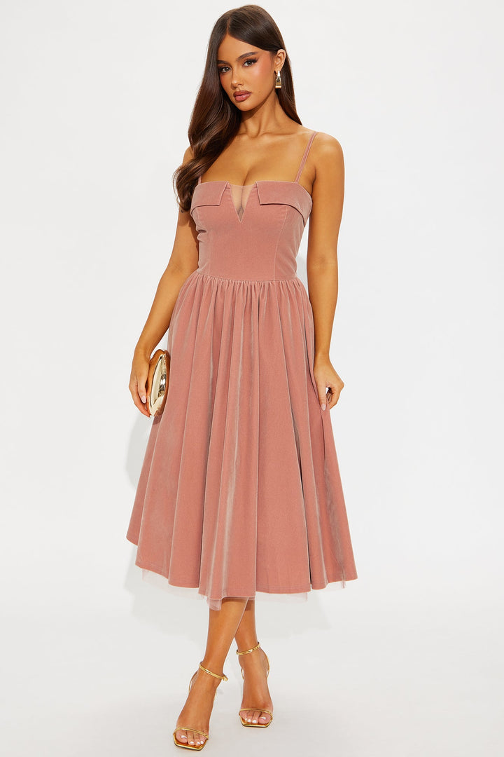 Viola Contrast Trim Velvet Midi Dress - Pink
