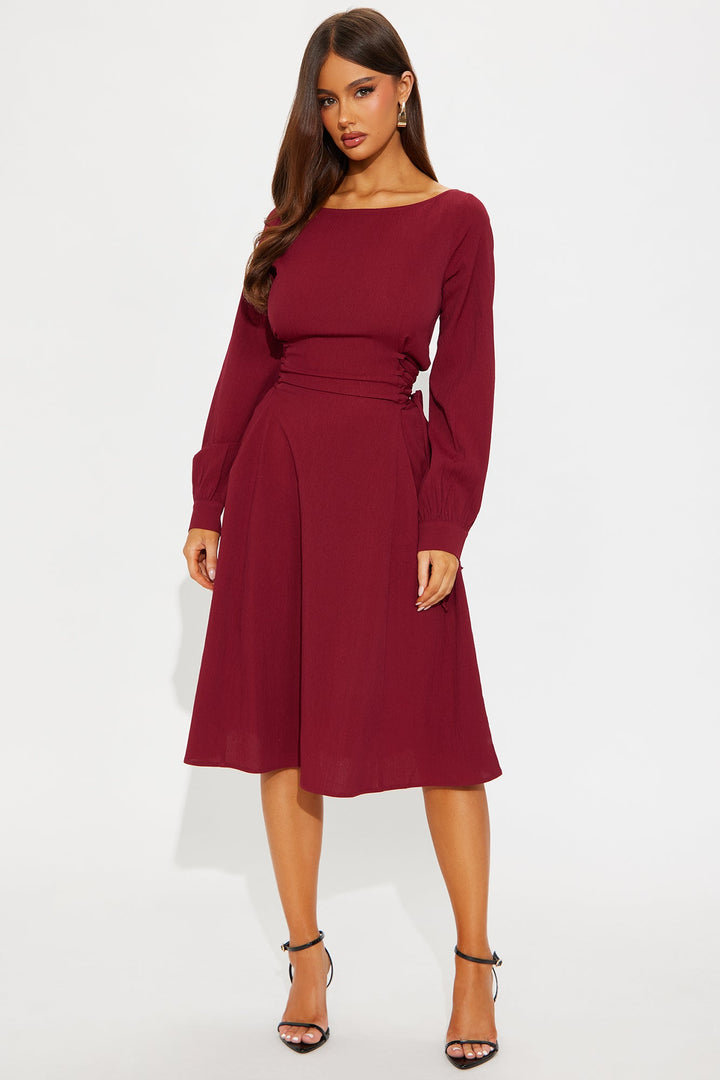 Vienna Lace Up Midi Dress - Wine