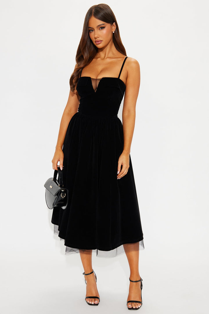 Viola Contrast Trim Velvet Midi Dress - Black