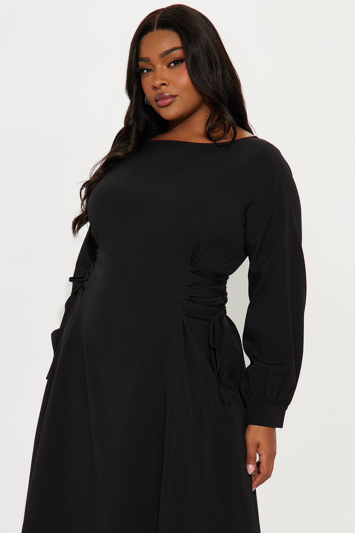 Vienna Lace Up Midi Dress - Black