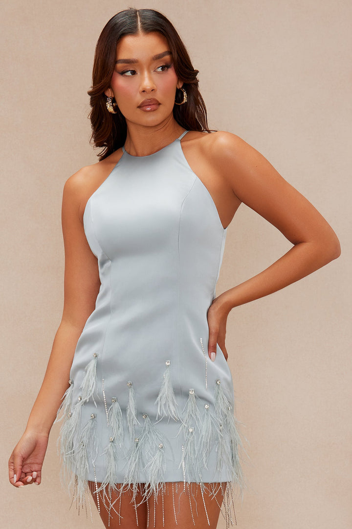 Dreamiest One Feathered Mini Dress - Slate Blue