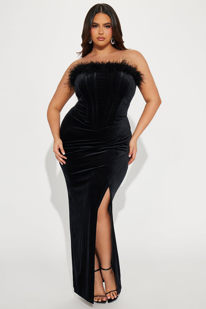 Angelica Feather Trim Velvet Gown - Black