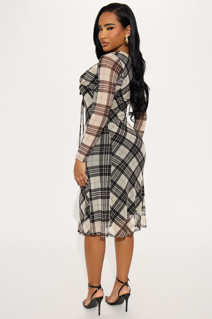 Livia Plaid Mesh Midi Dress - Taupe/combo