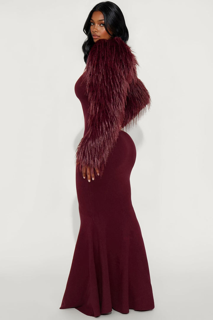 Diva Long Sleeve Maxi Gown - Burgundy