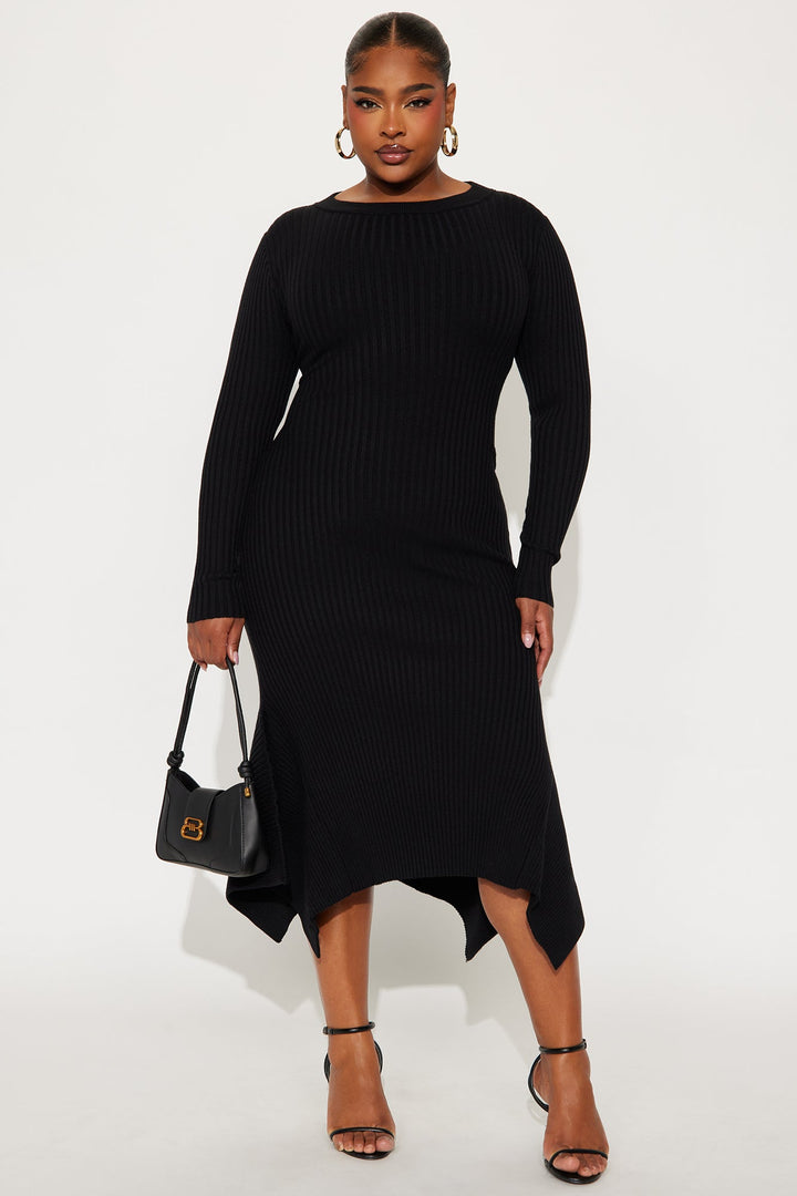 Rare Catch Long Sleeve Ribbed Midi Dress - Black