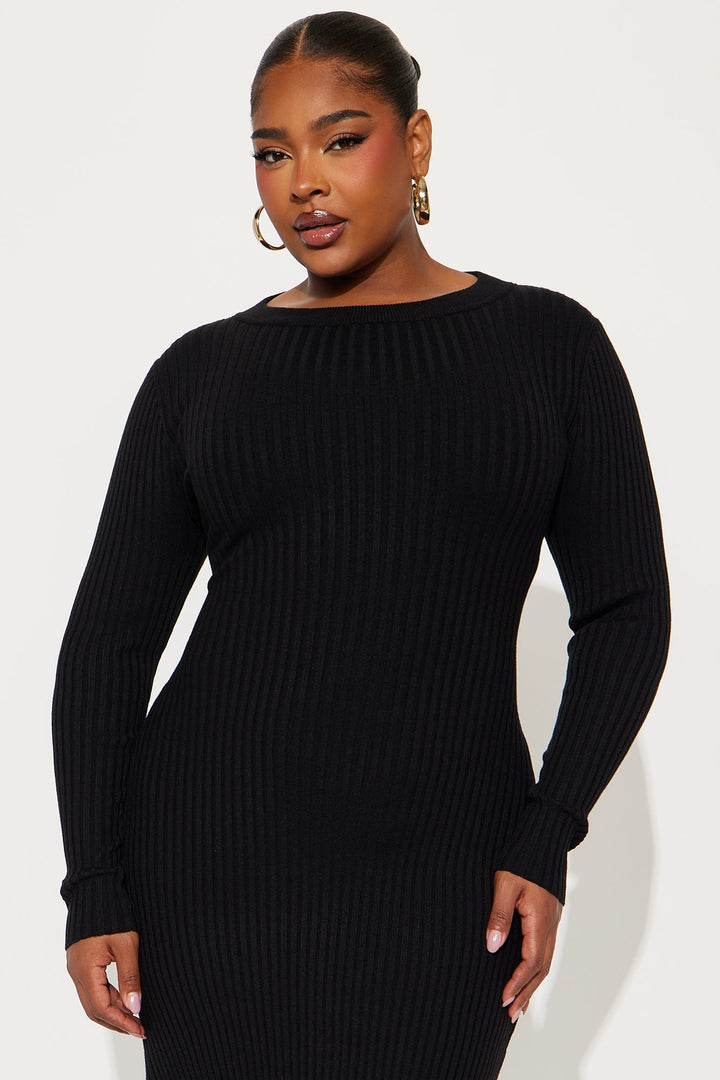 Rare Catch Long Sleeve Ribbed Midi Dress - Black