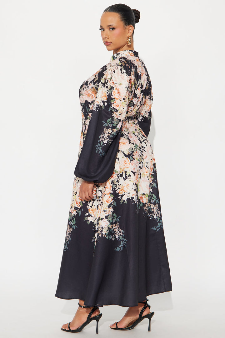 Adah Floral Belted Midi Dress - Black
