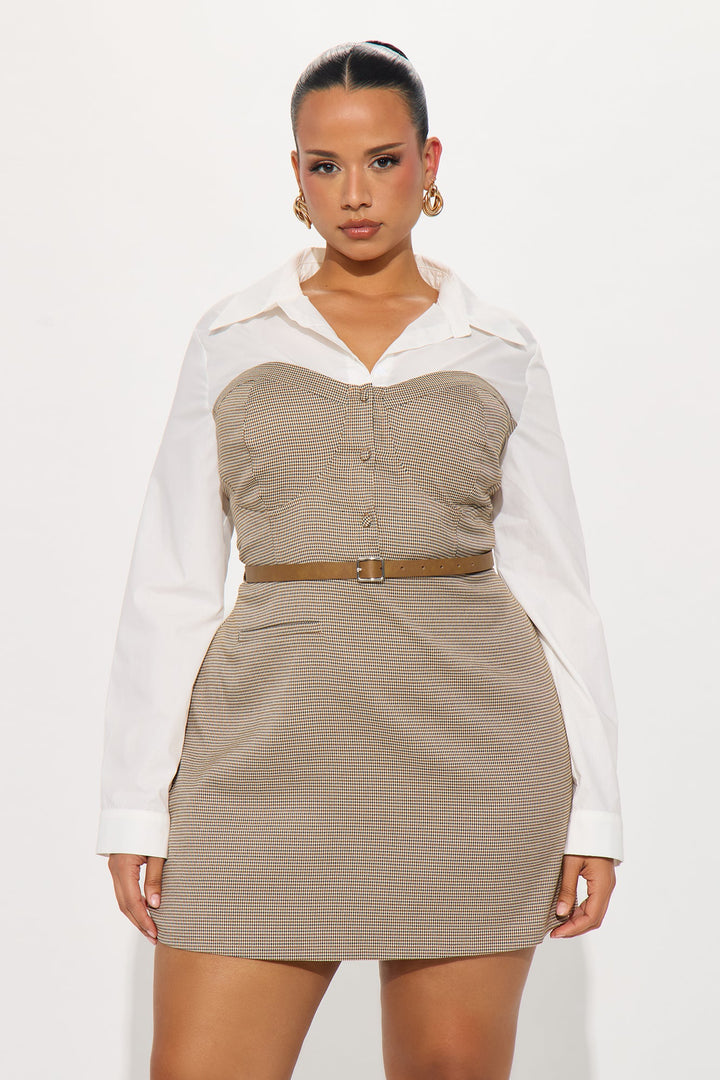 Alara Houndstooth Shirt Mini Dress - Taupe/combo